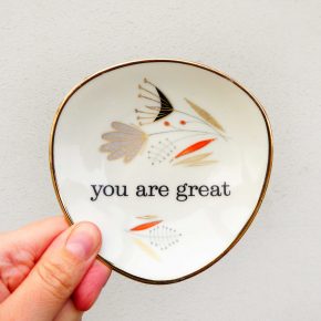 Wandteller you are great vintage Herr Fuchs Teller klein mini 11cm Blumen Punkte gold /grau/orange