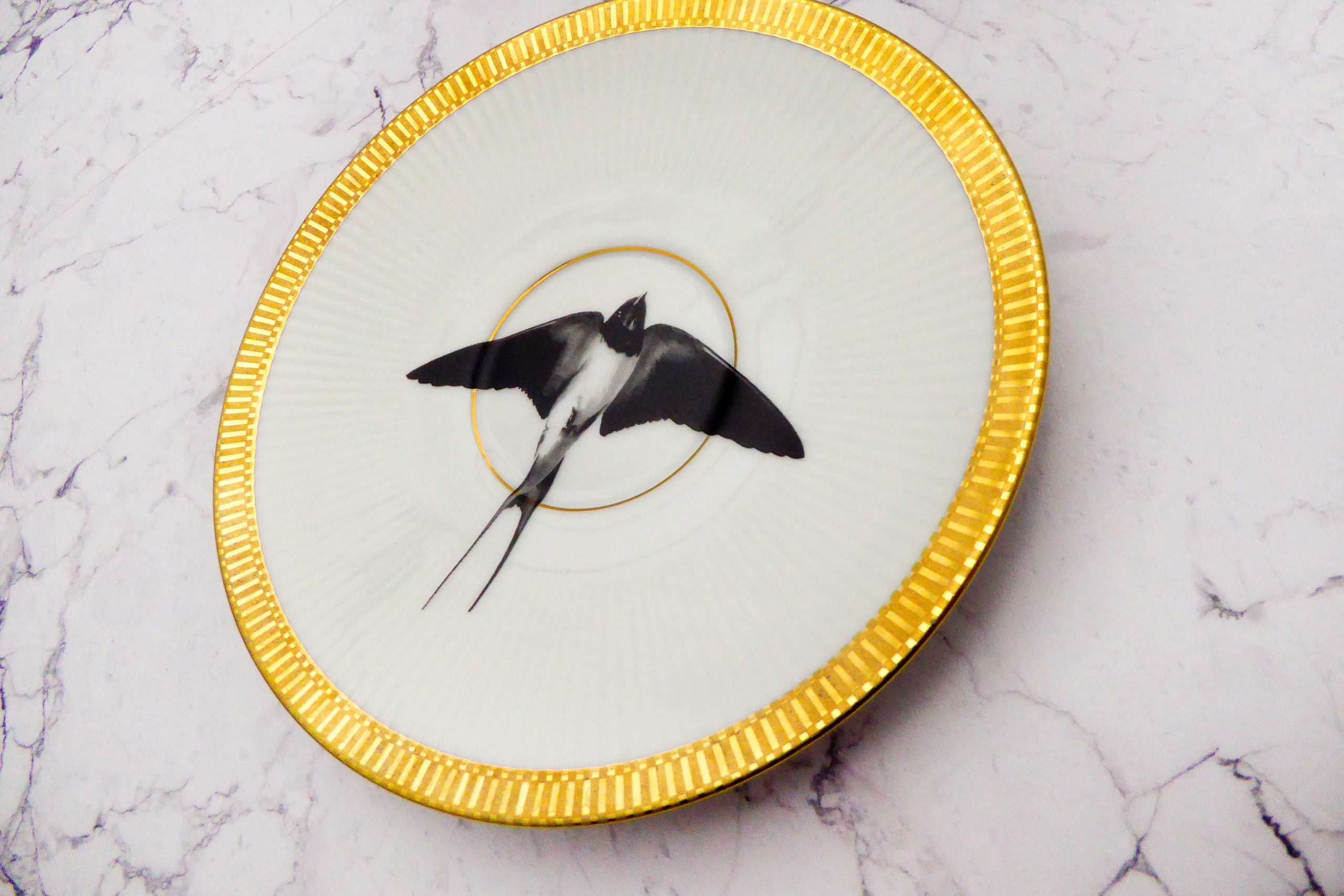 Wandteller Schwalbe Vogel Herr Fuchs Wohnen Riffel 14cm gold vintage – Bild 4