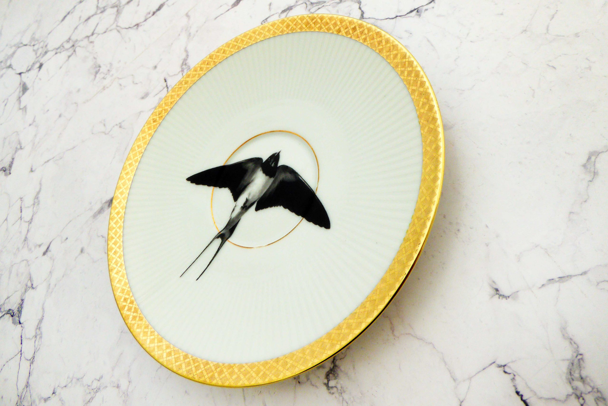 Wandteller Schwalbe Vogel Herr Fuchs Wohnen Riffel 14cm gold vintage – Bild 3