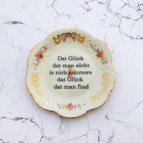 Wandteller Glück Typo Herr Fuchs mini 11cm gold Bögen Blumen vintage  plattdeutsch