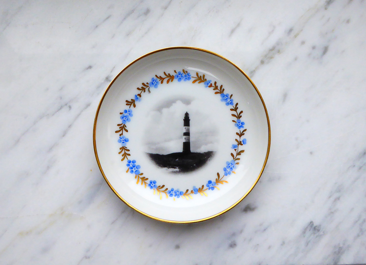 Wandteller Herr Fuchs Leuchtturm blau/gold mini Blume vintage Wohnen 10cm