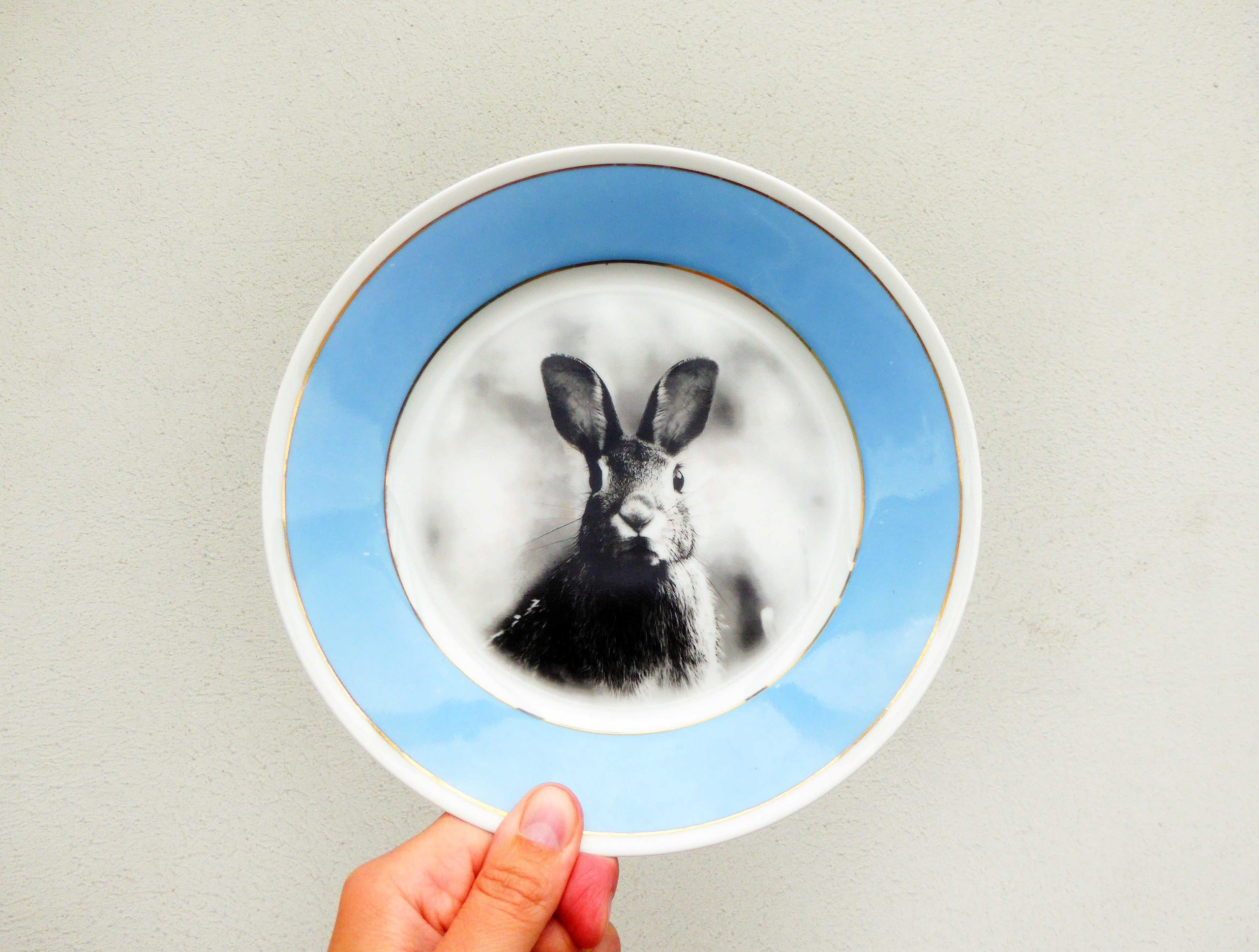 Wandteller Hase vintage Herr Fuchs Teller Blau Gold Unikat Muster 19cm