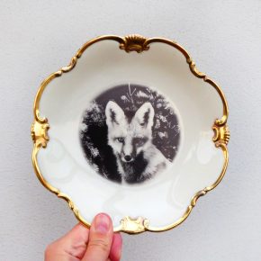 Wandteller Teller Herr Fuchs Motiv Fuchs gold Unikat 19cm vintage