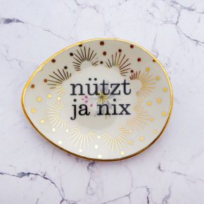 Wandteller Typo nützt ja nix Herr Fuchs mini 11cm Gold Blumen Punkte vintage