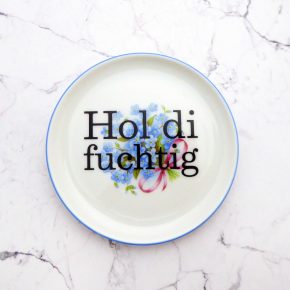 Wandteller Hol di fuchtig Typo Herr Fuchs mini 10cm Blumen vergissmeinnicht plattdeutsch