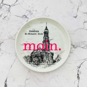 Wandteller Typo moin. vintage Herr Fuchs mini neonpink 10cm St. Michaelis Kirche Hamburg Michel