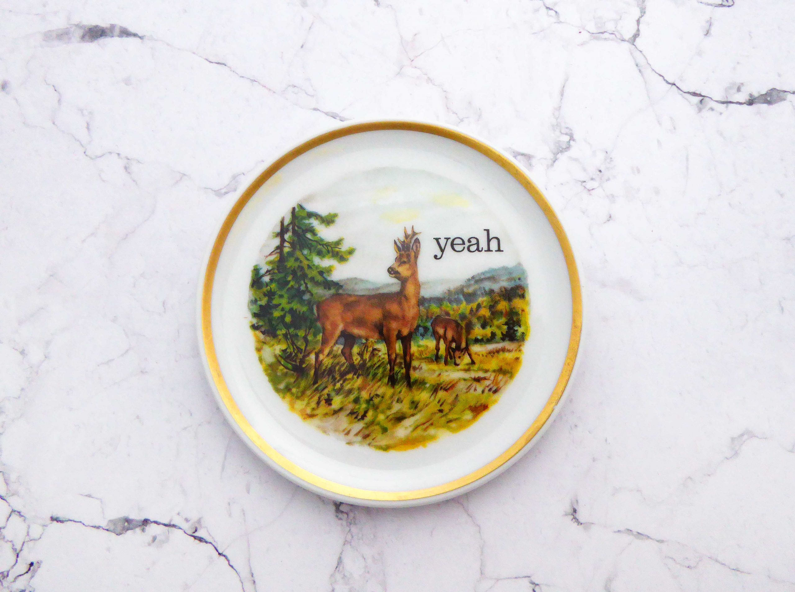 Wandteller Herr Fuchs yeah Typo Rehe mini 10cm Wohnen vintage Gold – Bild 2