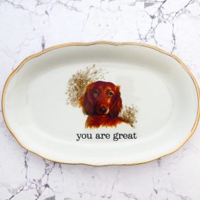 Wandteller Typo you are great Herr Fuchs Dackel Hund 28cm Gold Platte vintage
