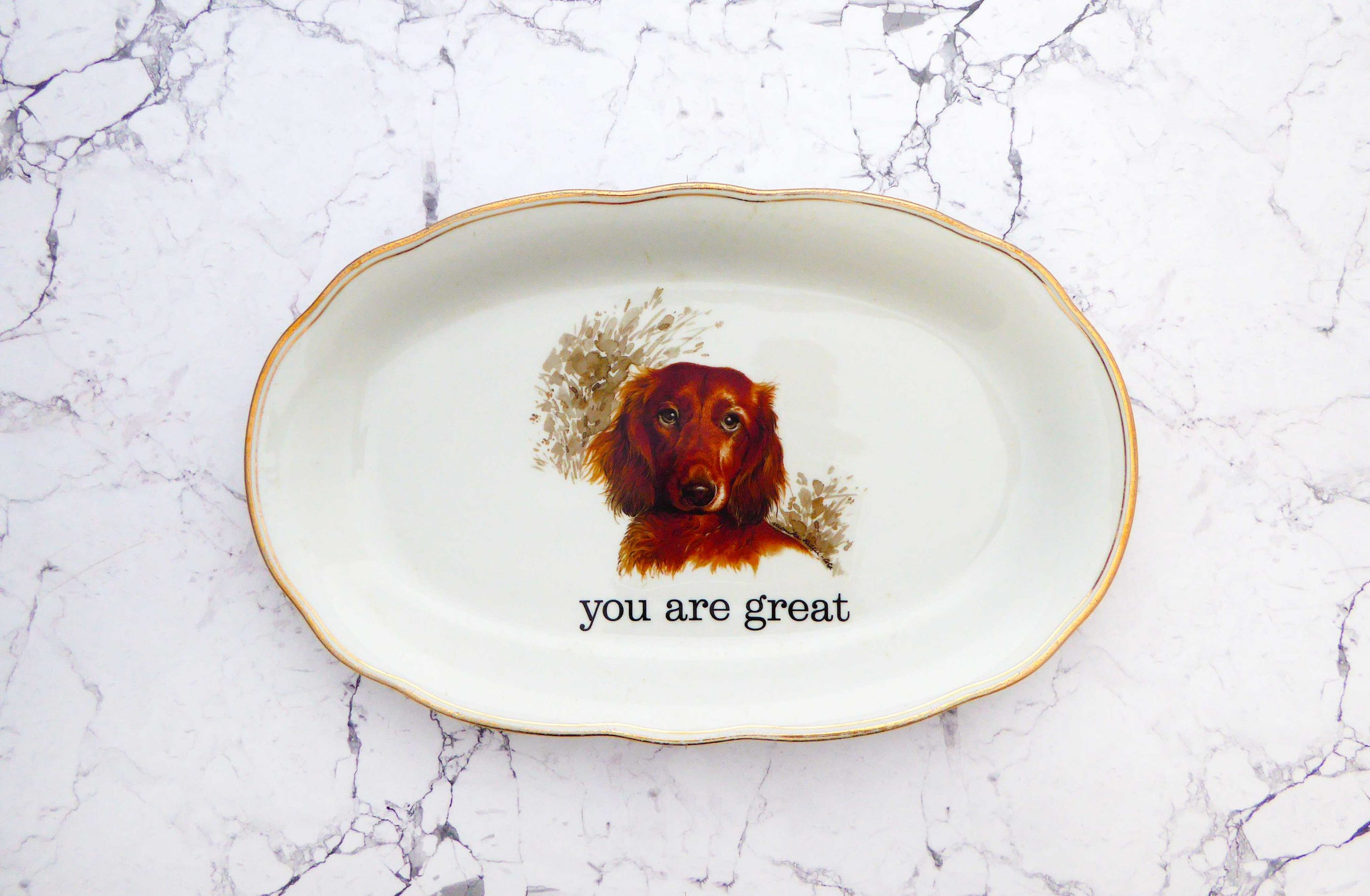 Wandteller Typo you are great Herr Fuchs Dackel Hund 28cm Gold Platte vintage