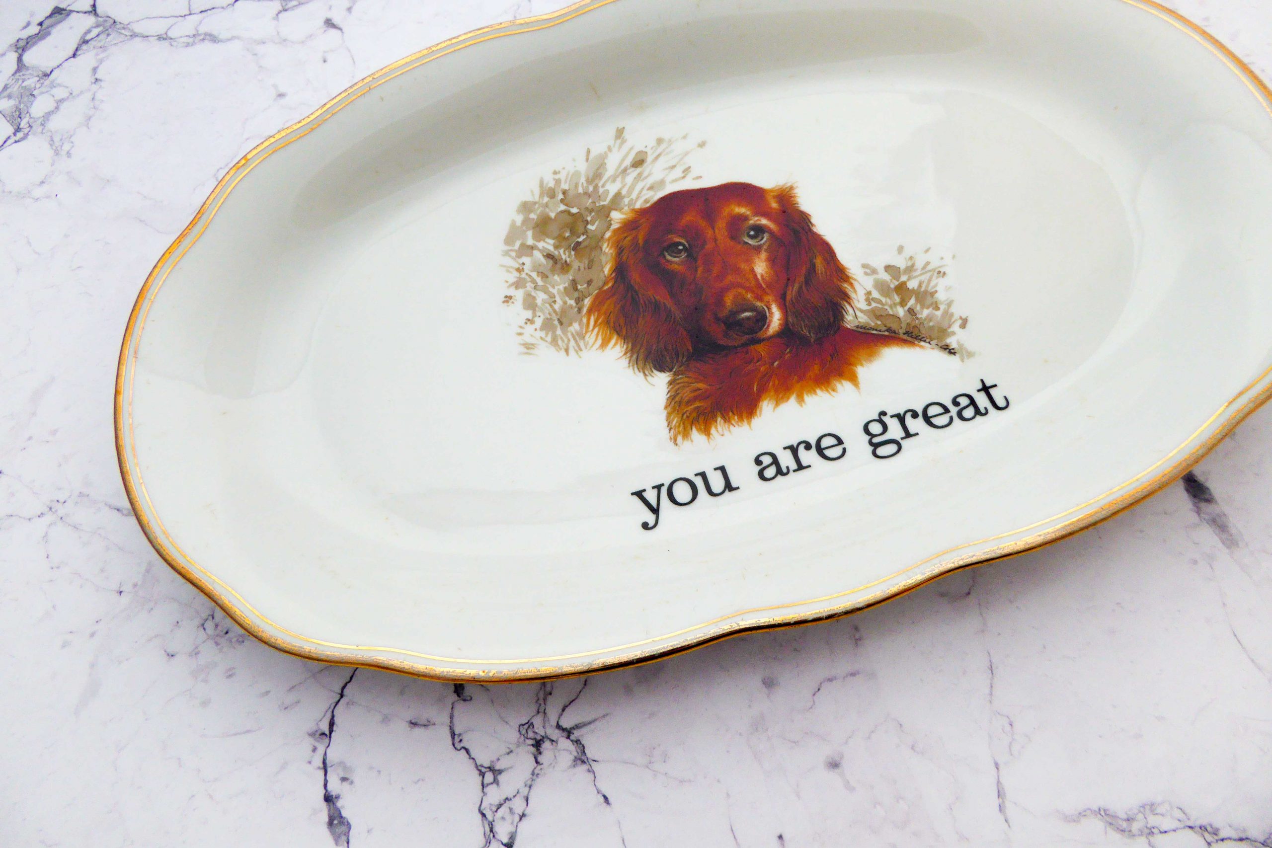 Wandteller Typo you are great Herr Fuchs Dackel Hund 28cm Gold Platte vintage – Bild 2