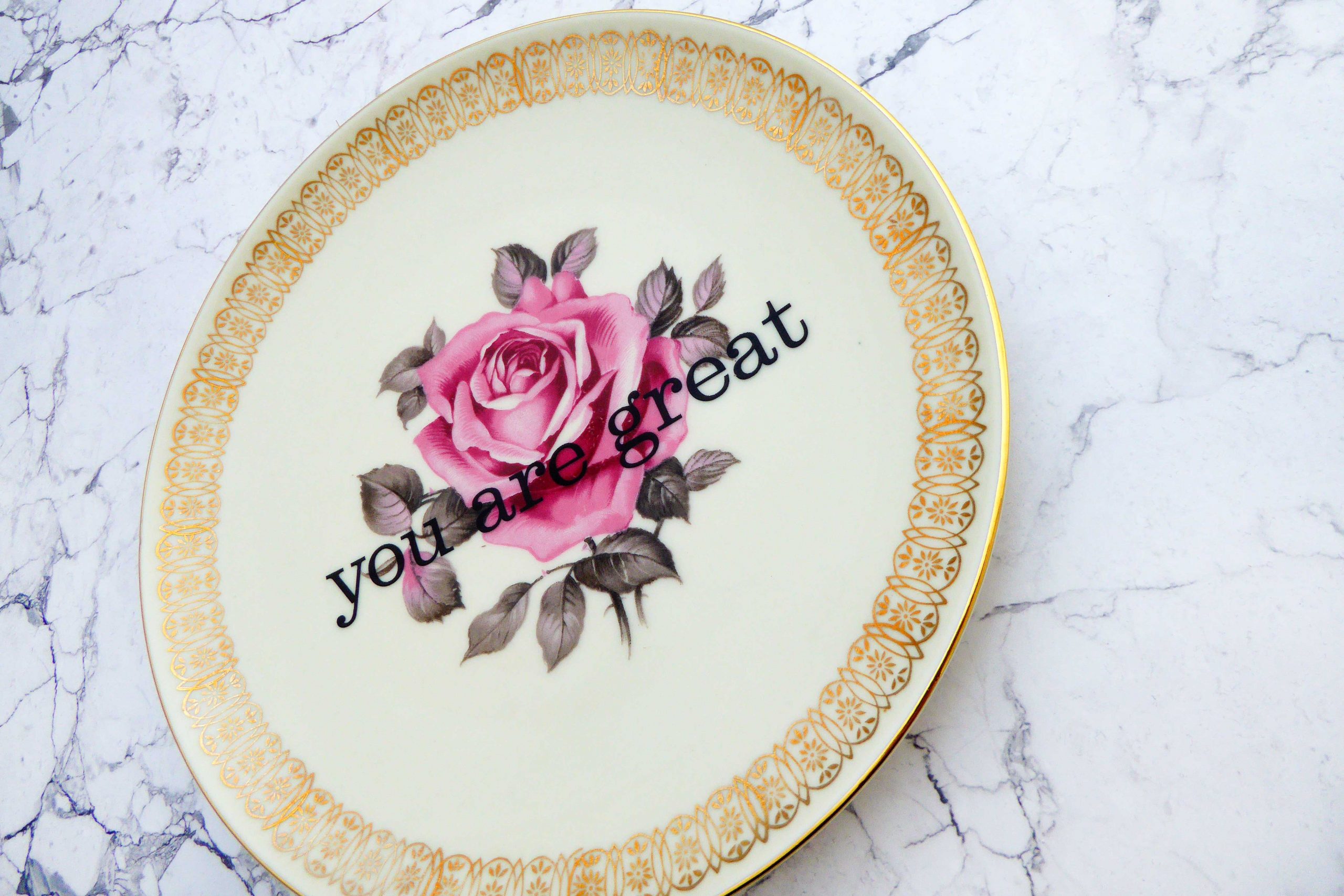 Wandteller you are great Herr Fuchs Blume Rose weiß 19cm Gold rosa vintage – Bild 2