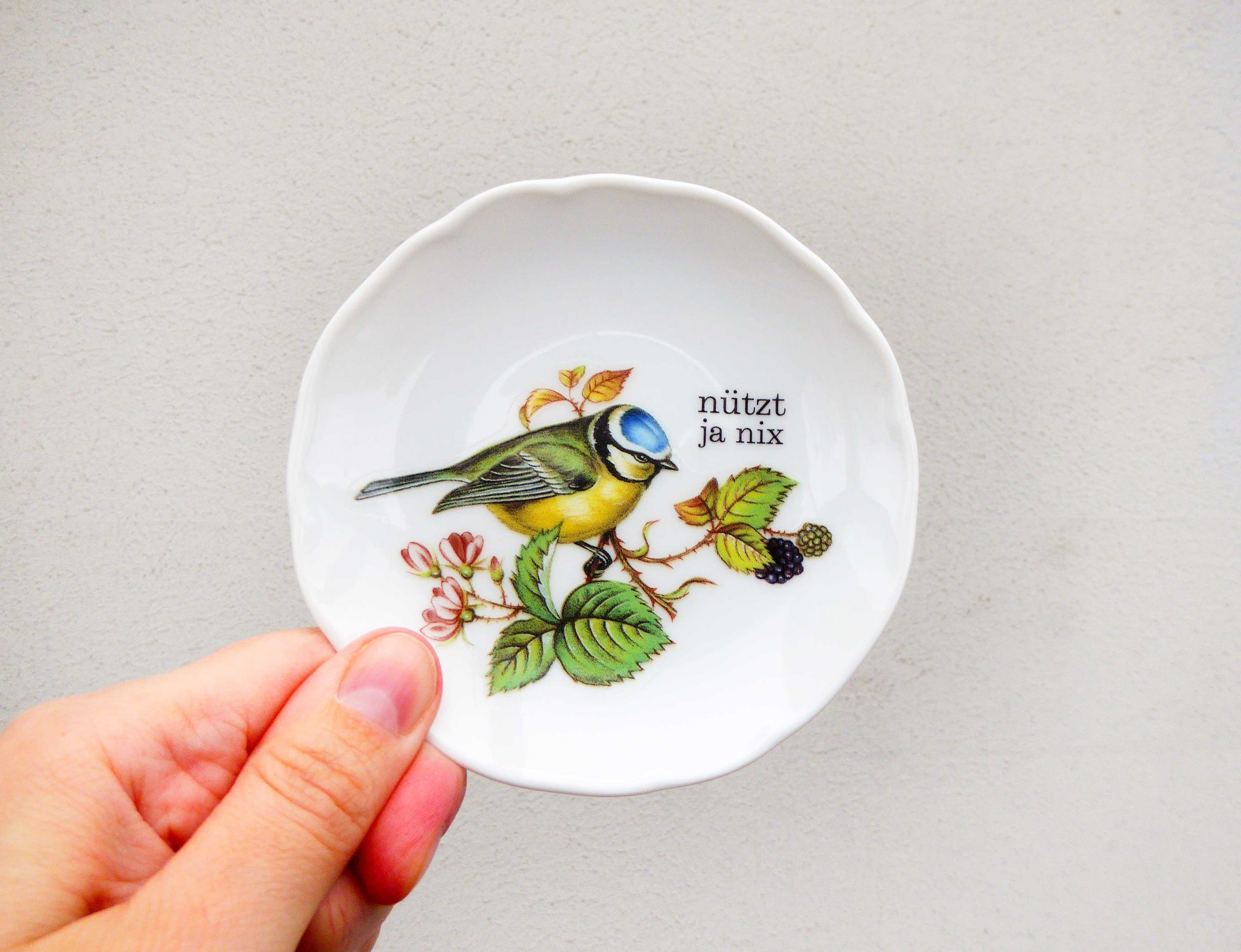 Wandteller Herr Fuchs Typo nützt ja nix Blaumeise mini 11cm Vogel vintage – Bild 2