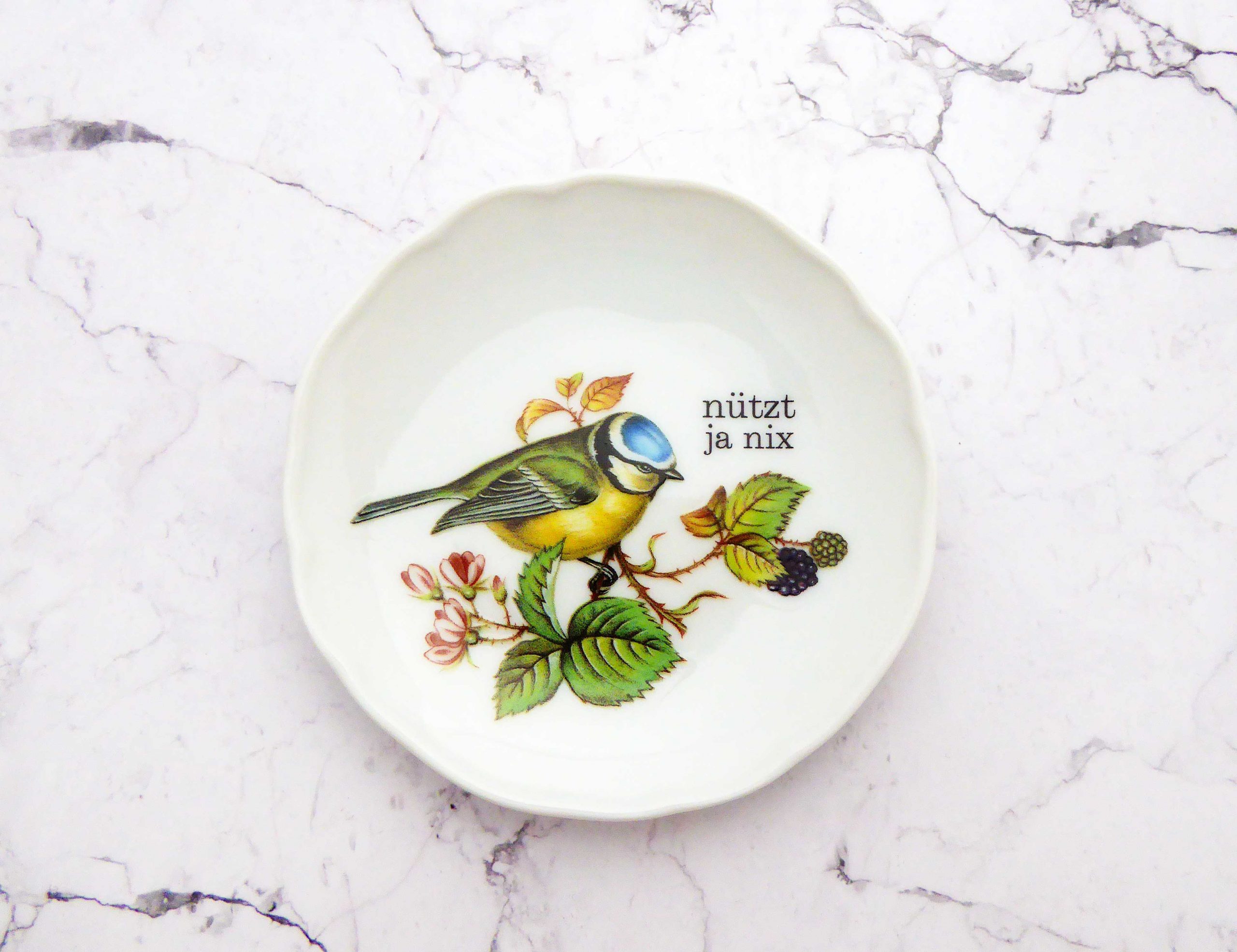 Wandteller Herr Fuchs Typo nützt ja nix Blaumeise mini 11cm Vogel vintage