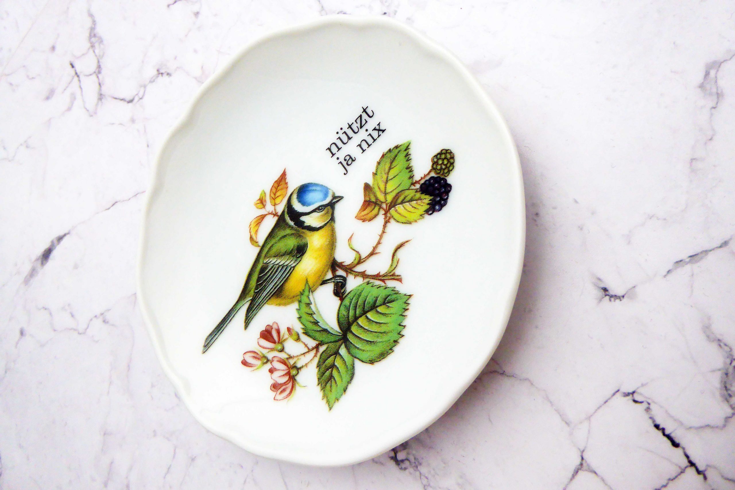 Wandteller Herr Fuchs Typo nützt ja nix Blaumeise mini 11cm Vogel vintage – Bild 3