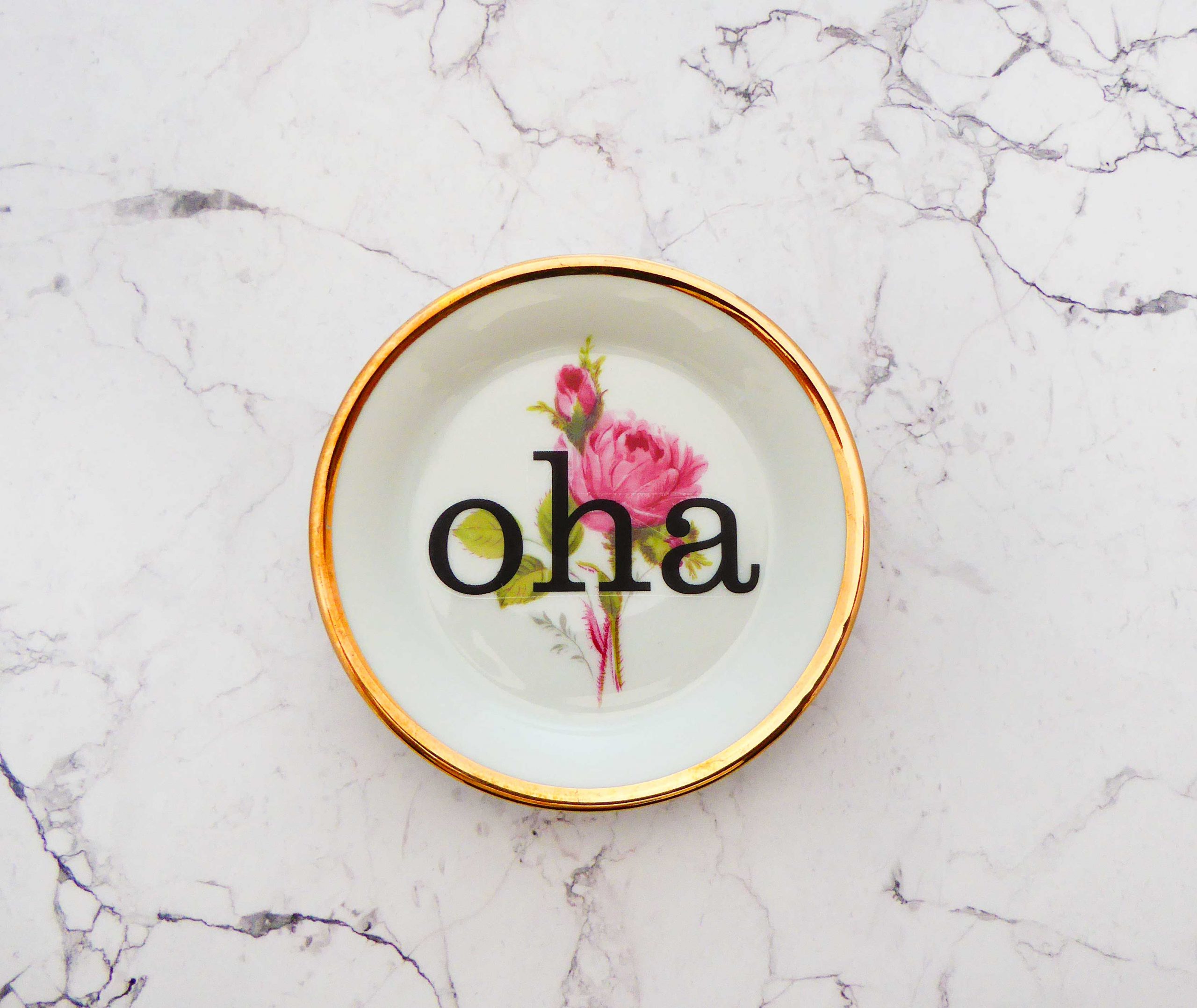 Wandteller oha Typo Herr Fuchs mini 9cm gold bunt Blume Schnack vintage rosa