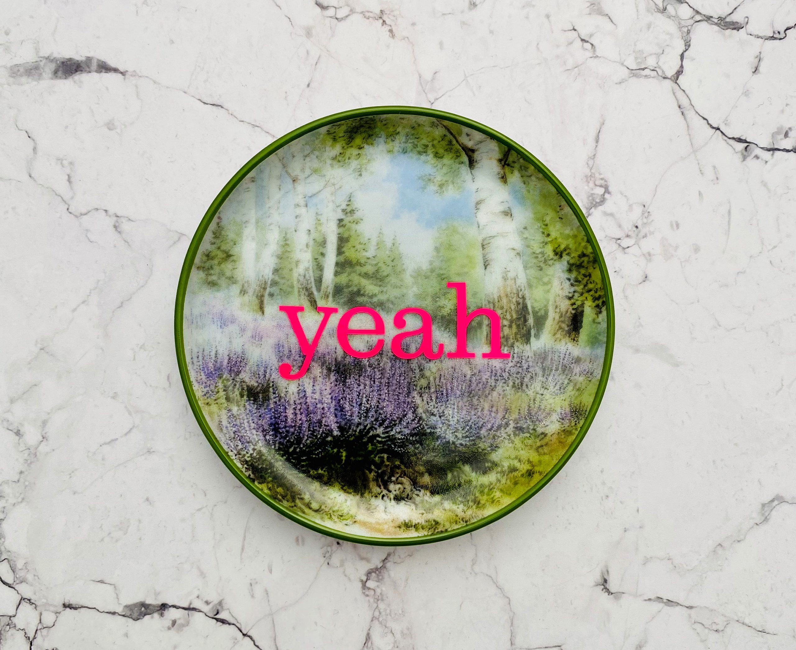 Wandteller Herr Fuchs Typo yeah grün Blume mini neonpink 10cm vintage Wohnen – Bild 2