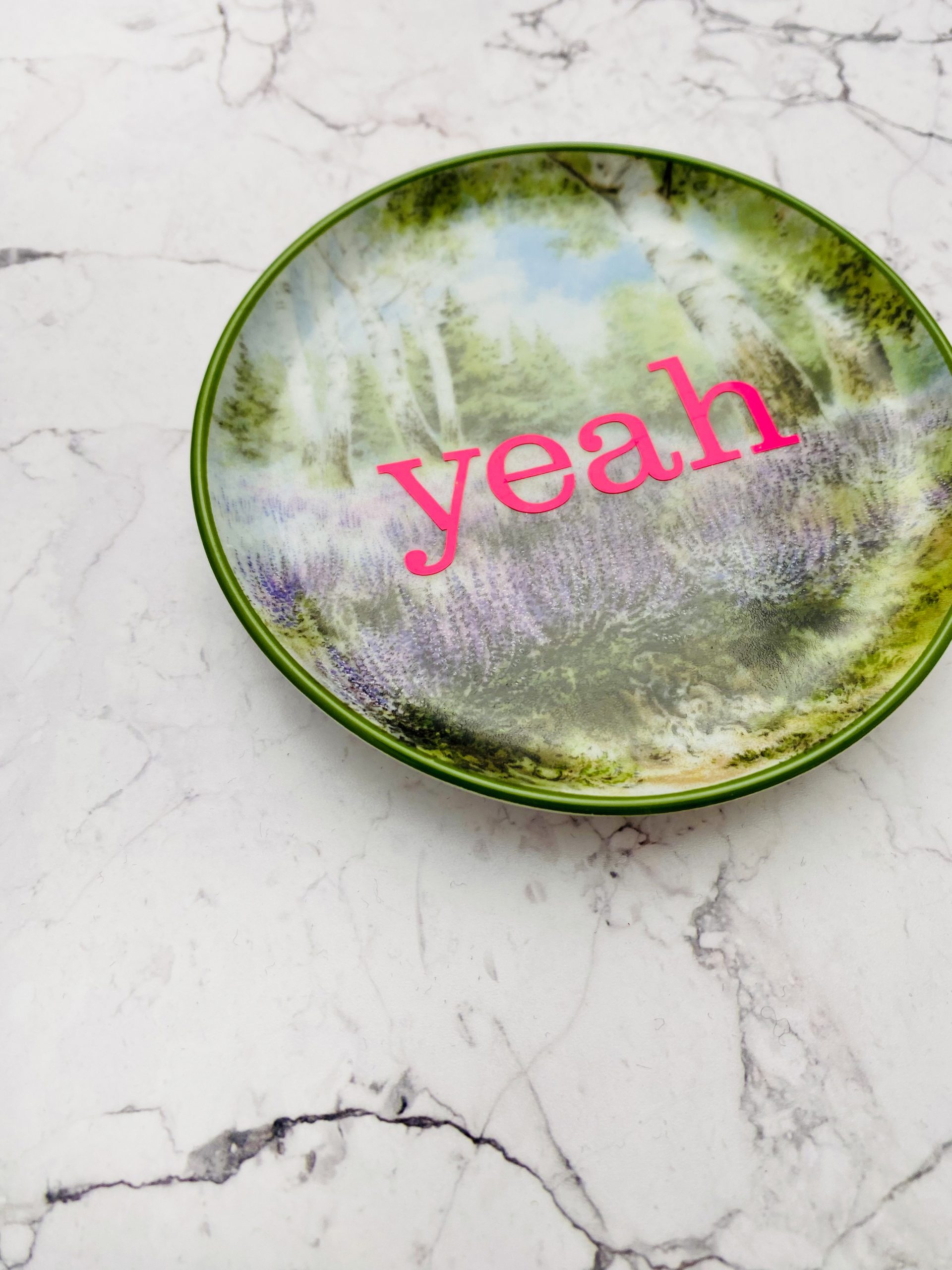 Wandteller Herr Fuchs Typo yeah grün Blume mini neonpink 10cm vintage Wohnen – Bild 3