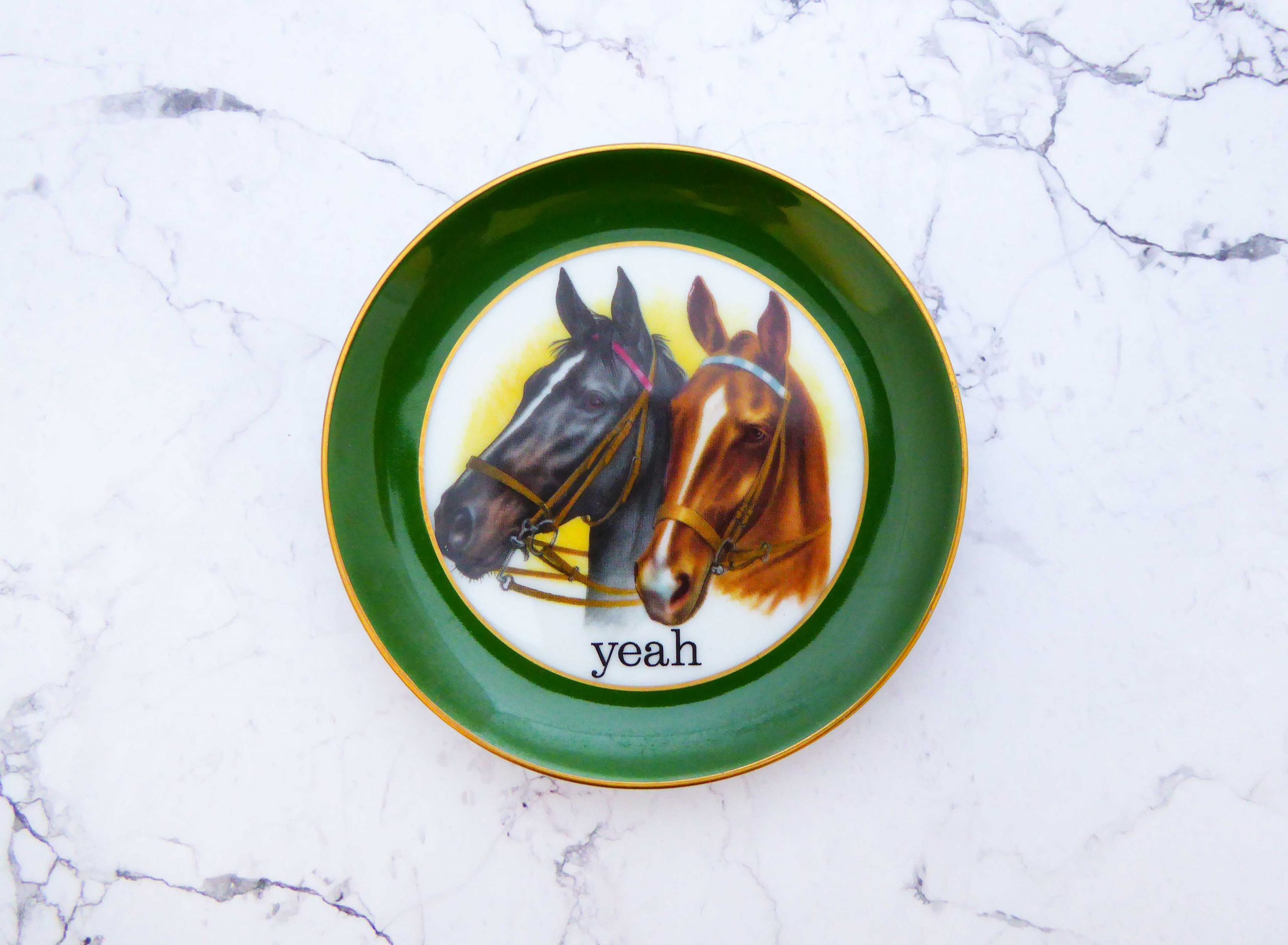 Wandteller Herr Fuchs yeah Typo Pferde mini 10cm Wohnen vintage gold grün