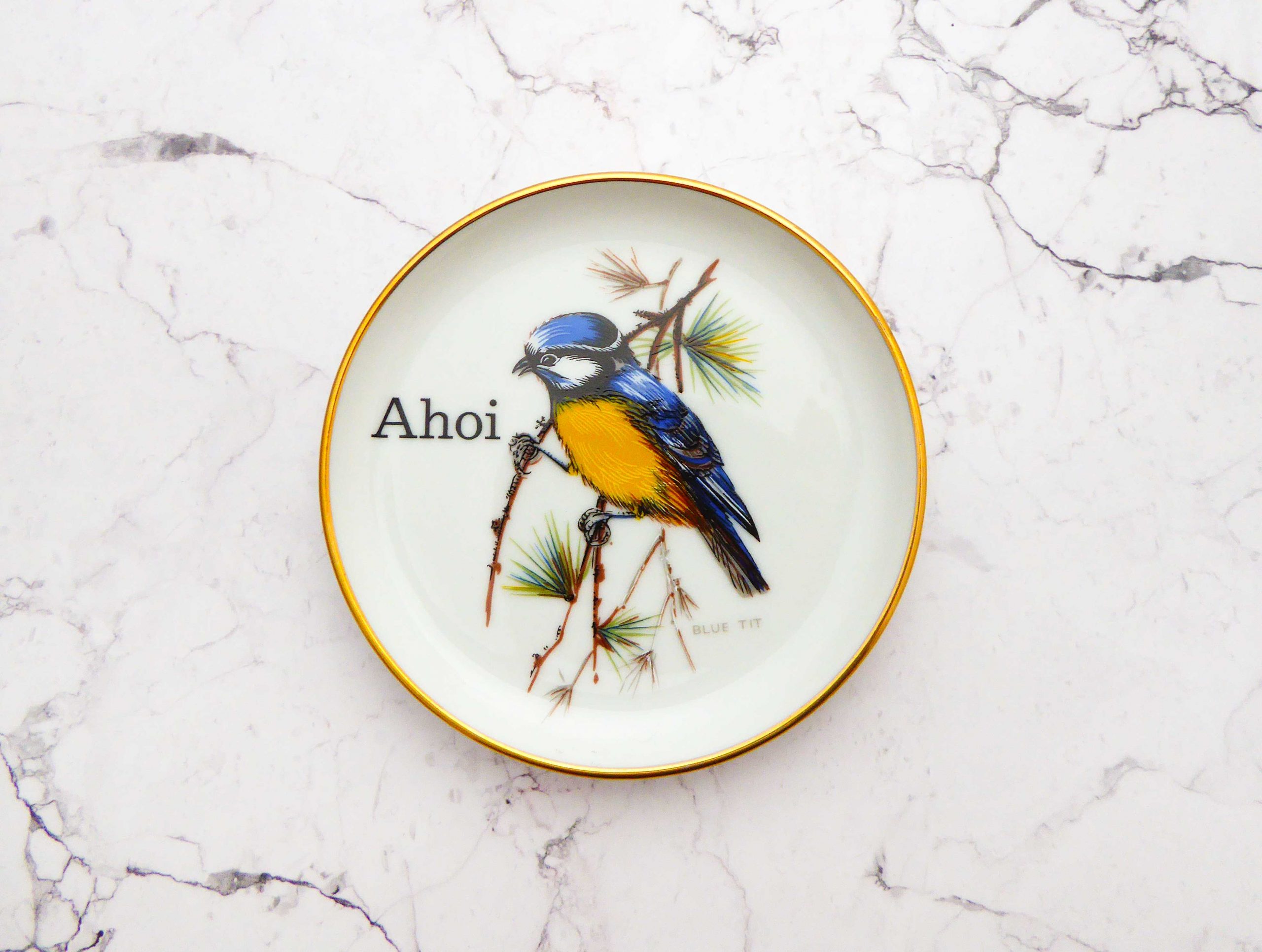 Wandteller Herr Fuchs Ahoi Typo Vogel mini Gold Blaumeise 10cm vintage Wohnen – Bild 3