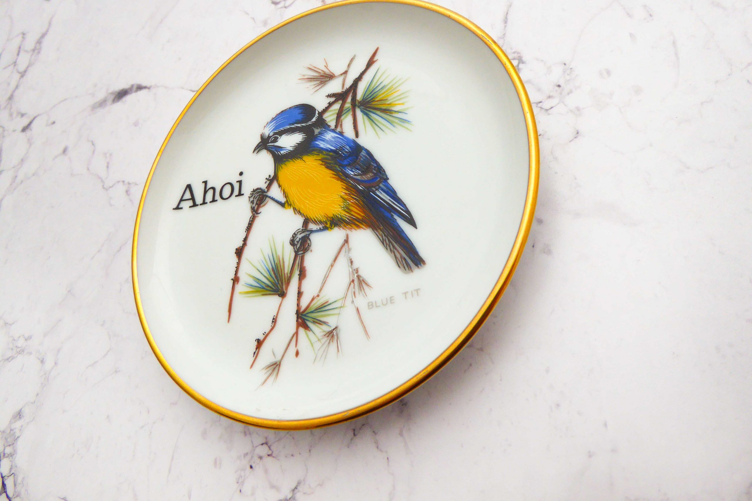 Wandteller Herr Fuchs Ahoi Typo Vogel mini Gold Blaumeise 10cm vintage Wohnen – Bild 2