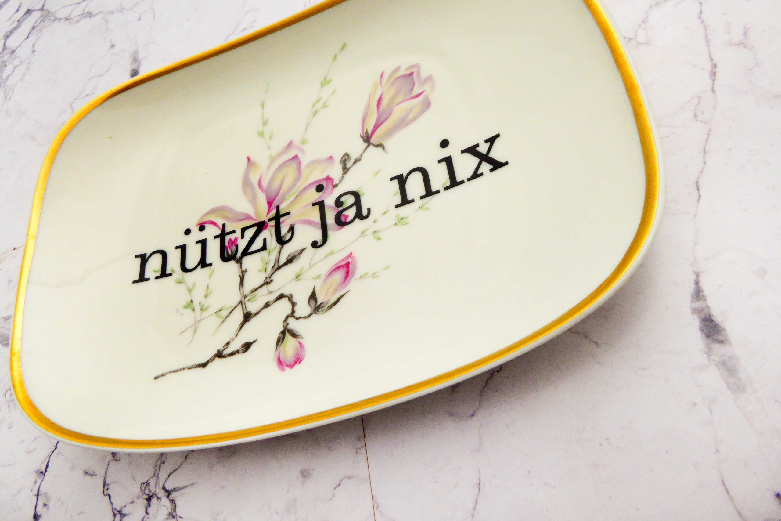Wandteller Herr Fuchs Typo Nützt ja nix Wohnen Blumen Gold 19cm Platte – Bild 3