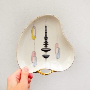 Wandteller Platte Herr Fuchs Hamburger Fernsehturm gold Wohnen 17cm vintage Pastell