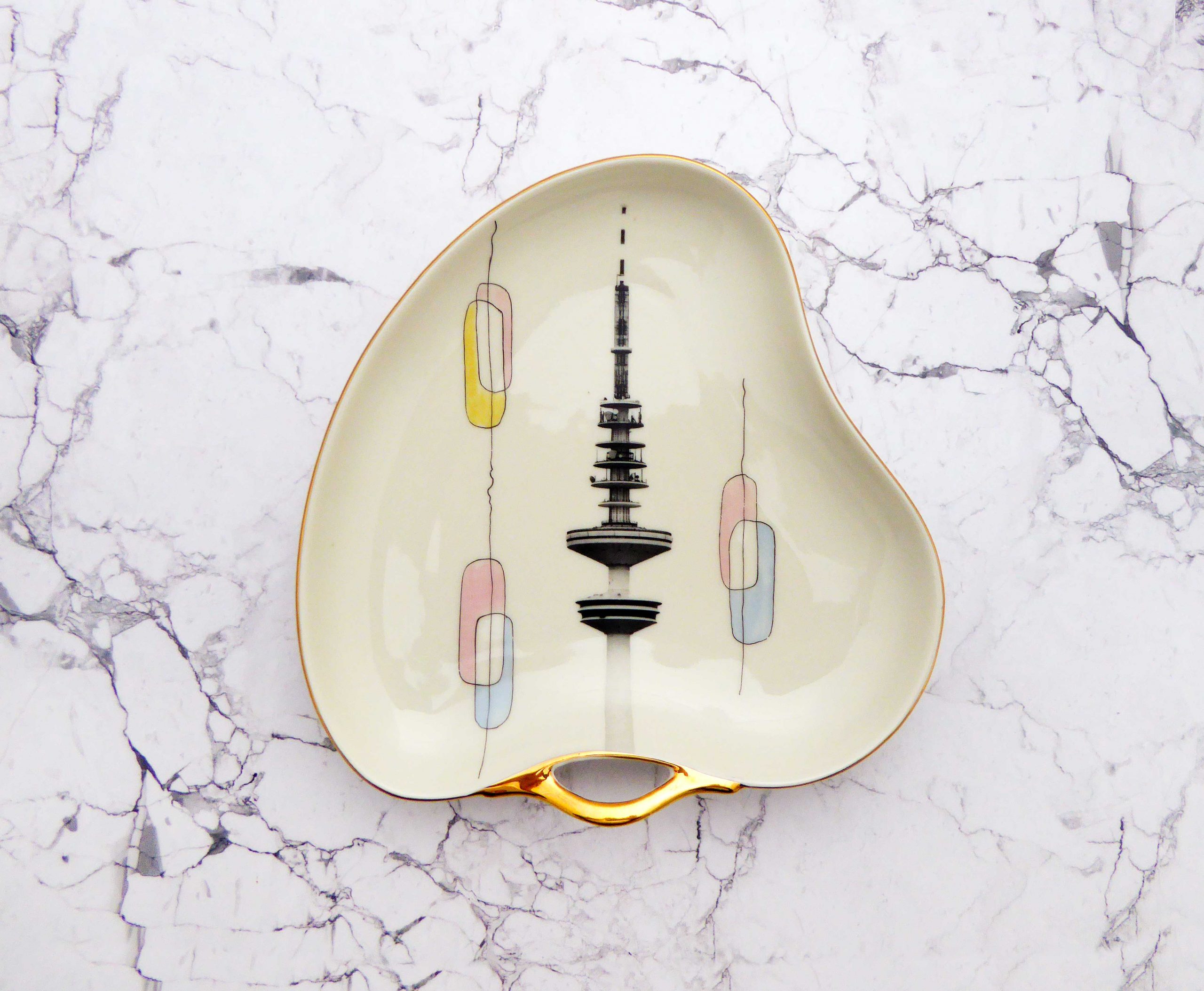 Wandteller Platte Herr Fuchs Hamburger Fernsehturm gold Wohnen 17cm vintage Pastell – Bild 2