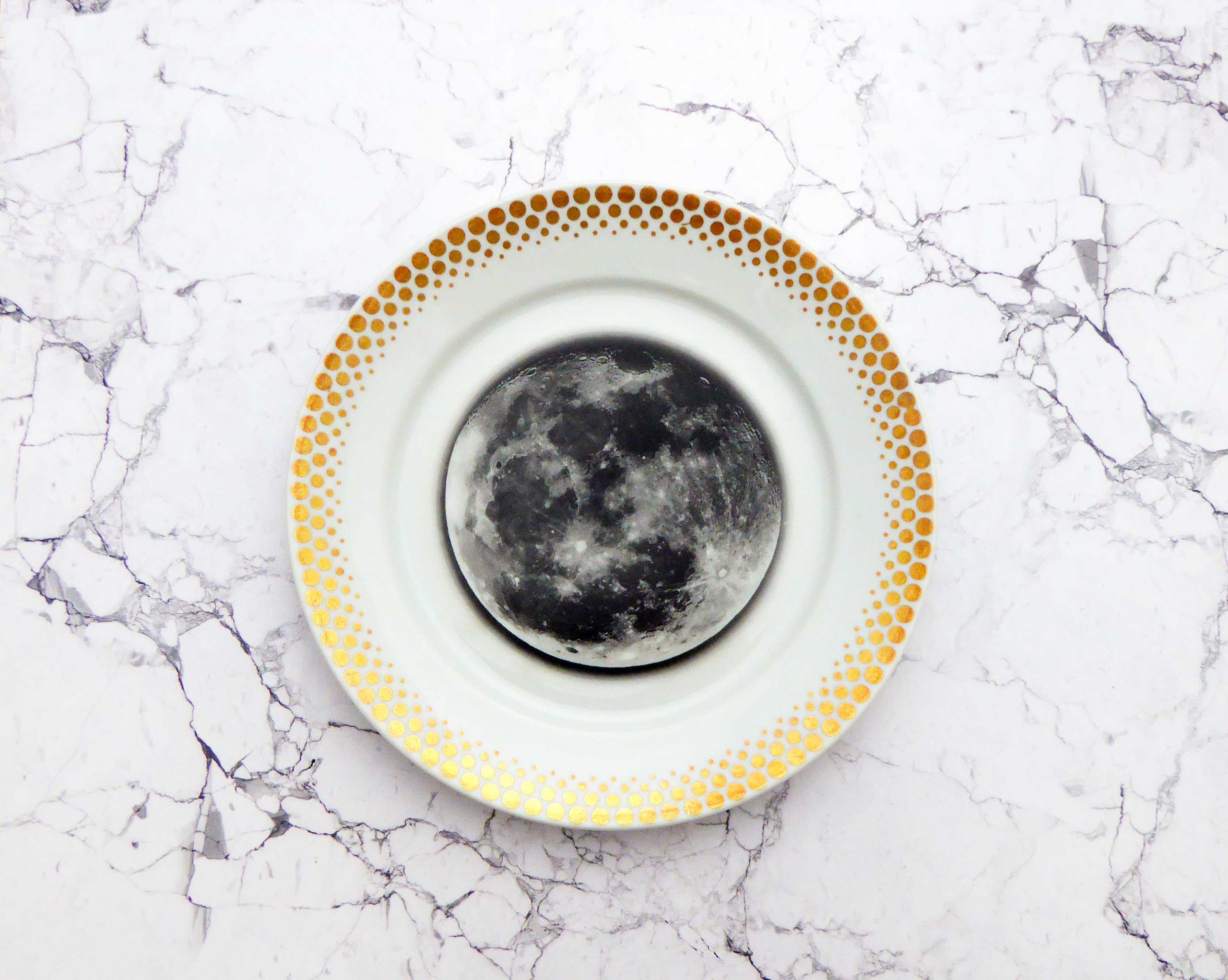 Wandteller Teller Herr Fuchs Mond gold Muster 19cm Punkte vintage