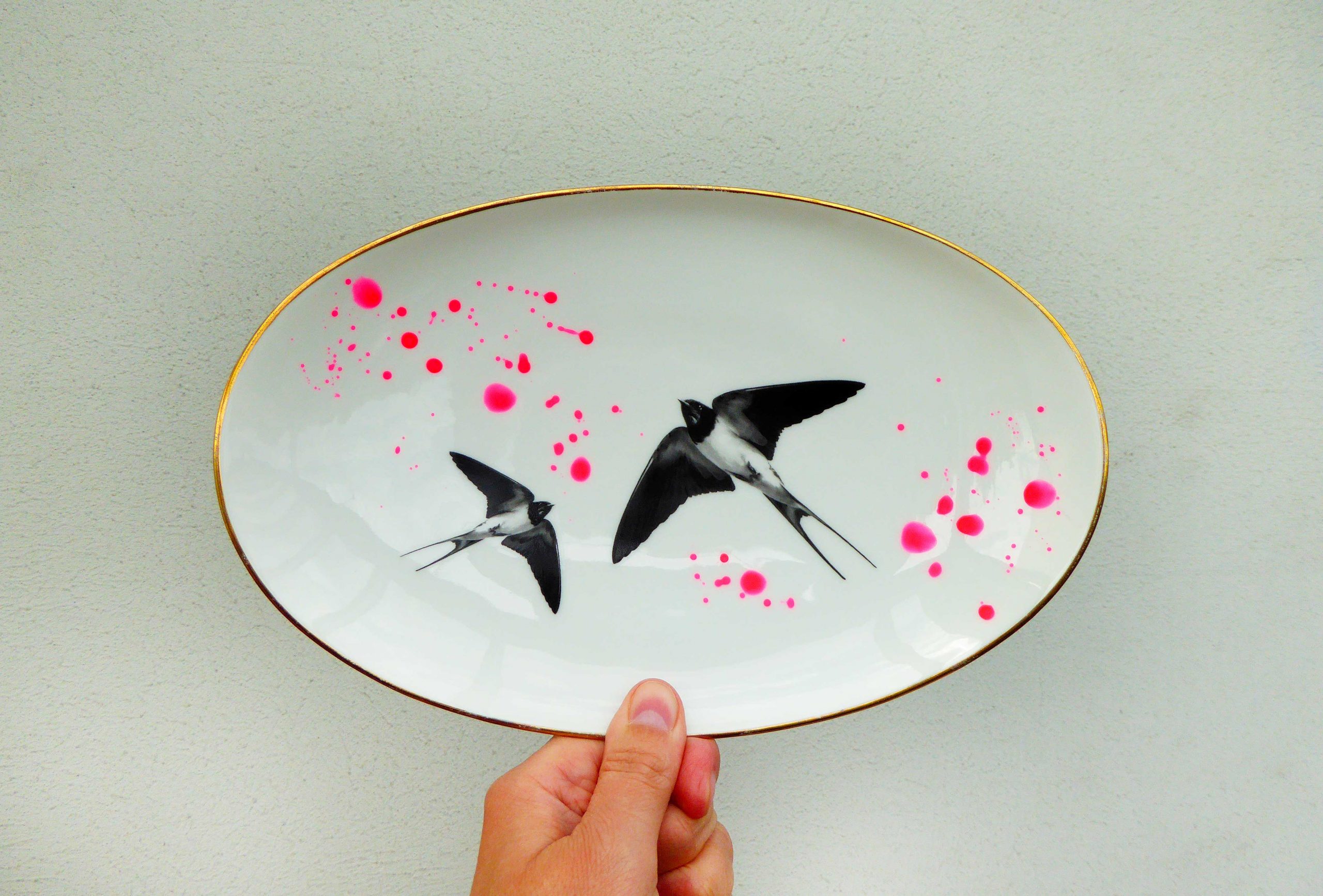 Wandteller Platte Herr Fuchs Schwalbe gold Wohnen 24cm neonpink Kleckse vintage – Bild 3