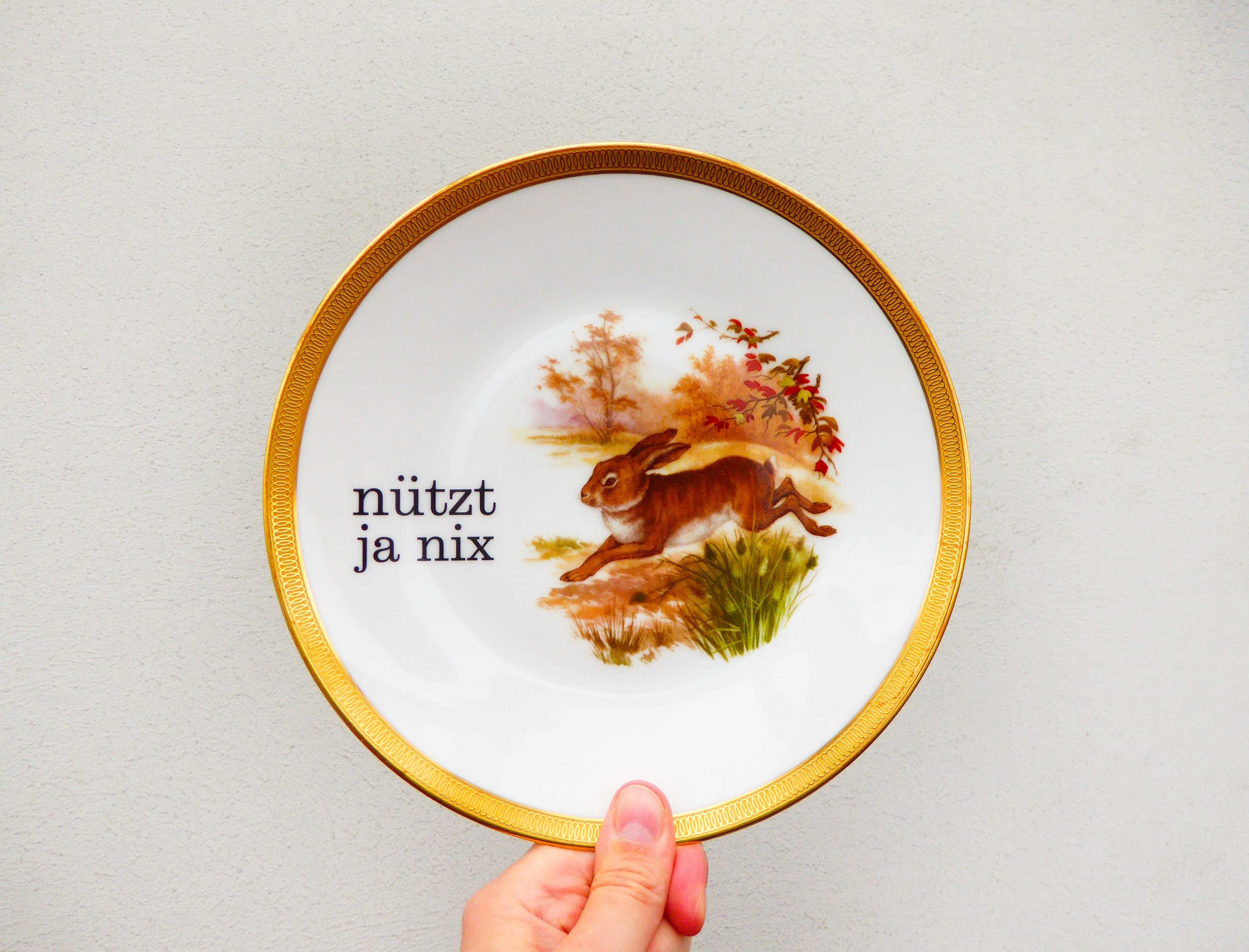 Wandteller Typo nützt ja nix Goldrand Herr Fuchs Hase 19cm vintage Tier Wohnen
