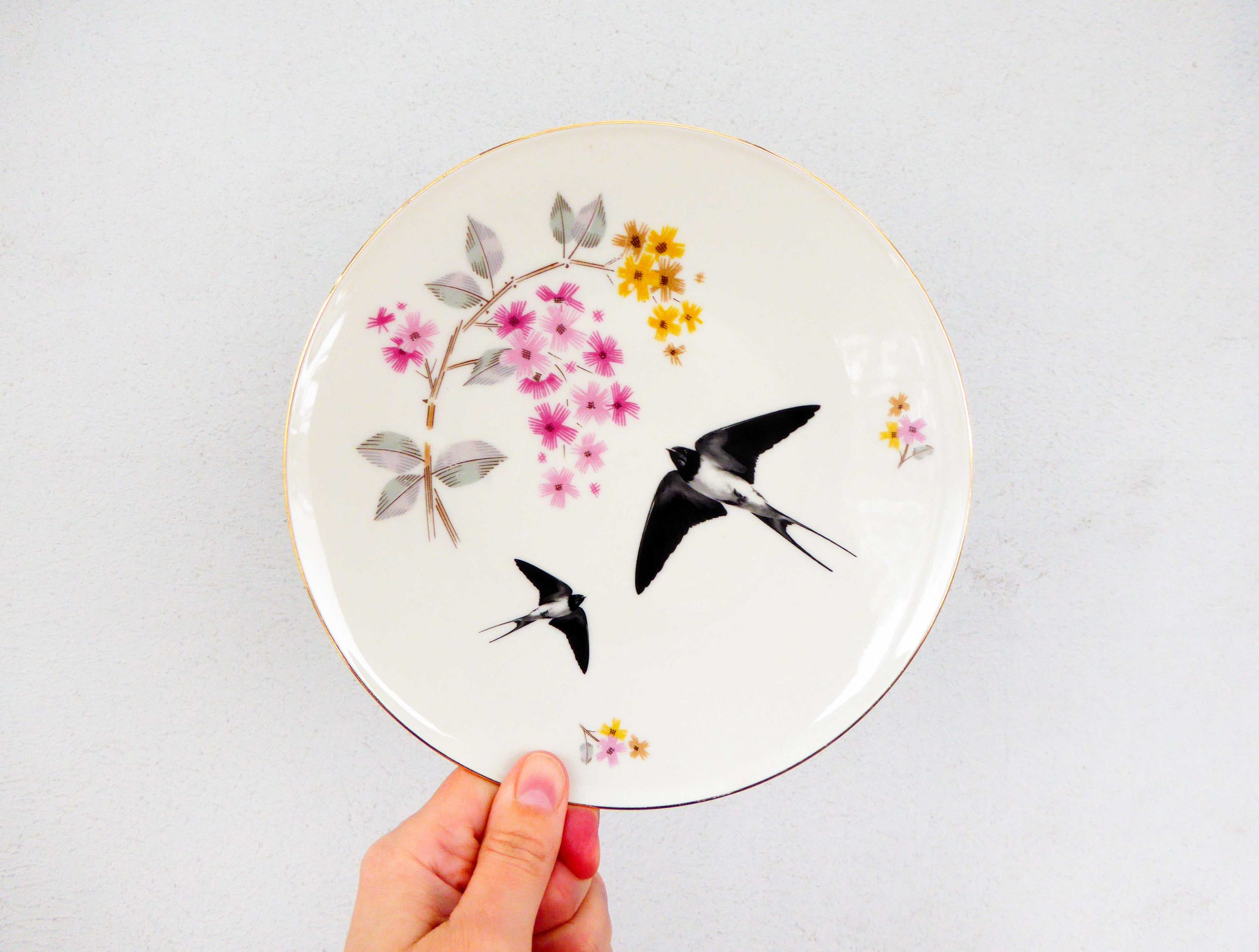 Wandteller Herr Fuchs Teller Vogel Schwalbe gold Blumen 19cm rosa vintage