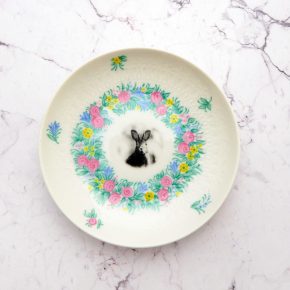 Wandteller Hase vintage Herr Fuchs Teller Rosa Grün mini 9cm Blumen