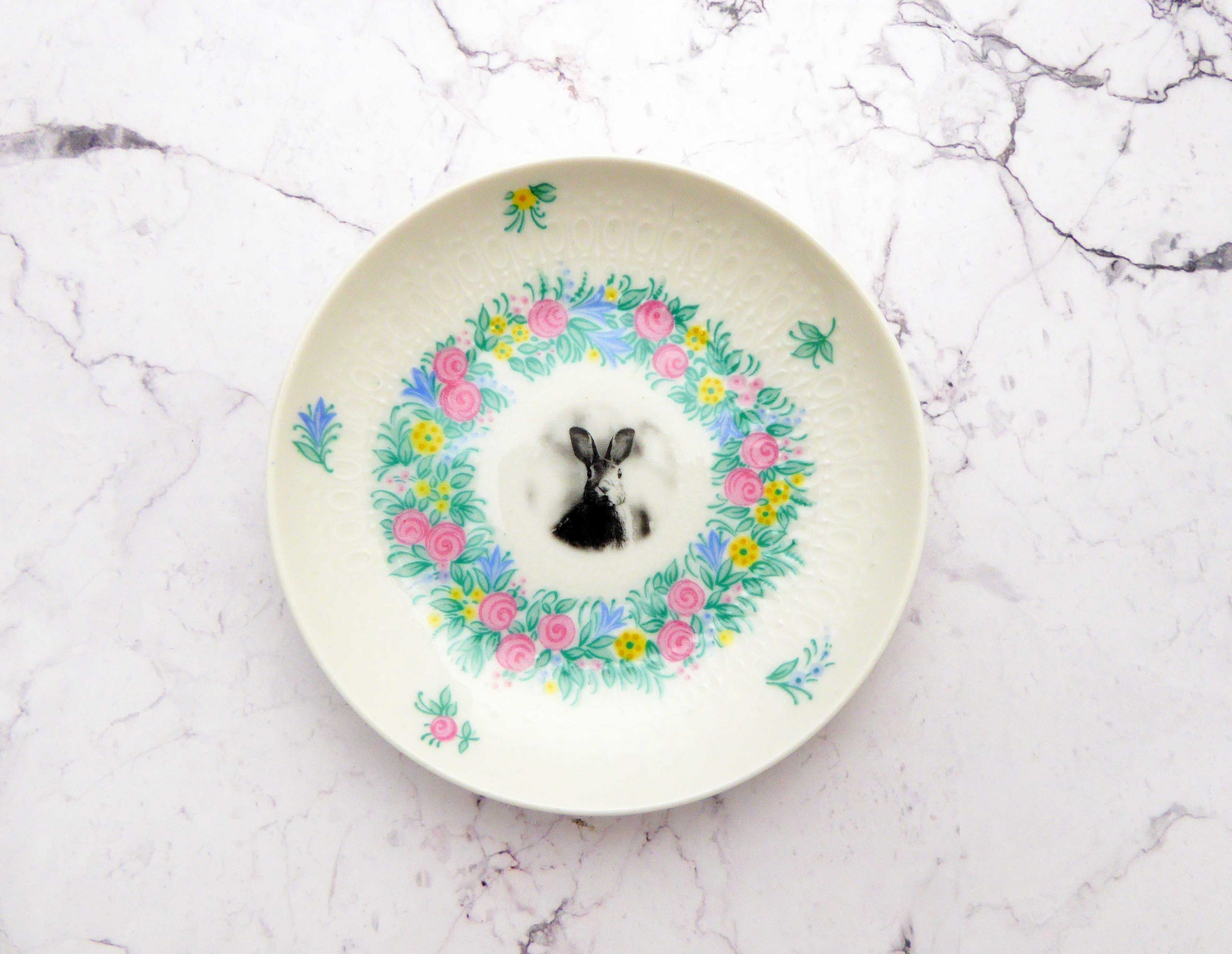 Wandteller Hase vintage Herr Fuchs Teller Rosa Grün mini 9cm Blumen