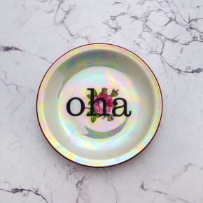 Wandteller oha Typo Herr Fuchs mini 10cm Blume rosa Schnack vintage irisierend