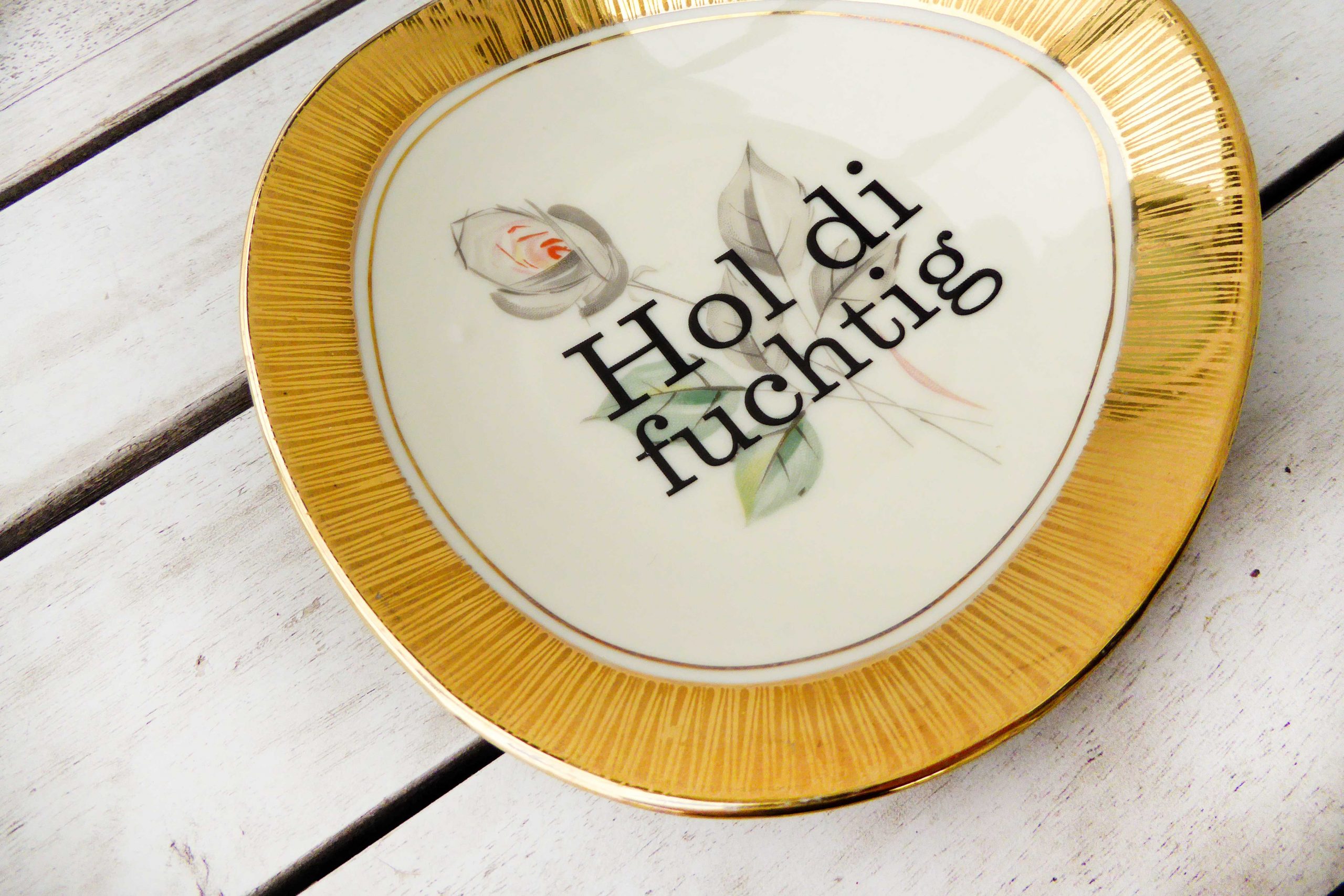 Wandteller Hol di fuchtig Typo Herr Fuchs 15cm Blumen Muster plattdeutsch Gold eckig – Bild 3