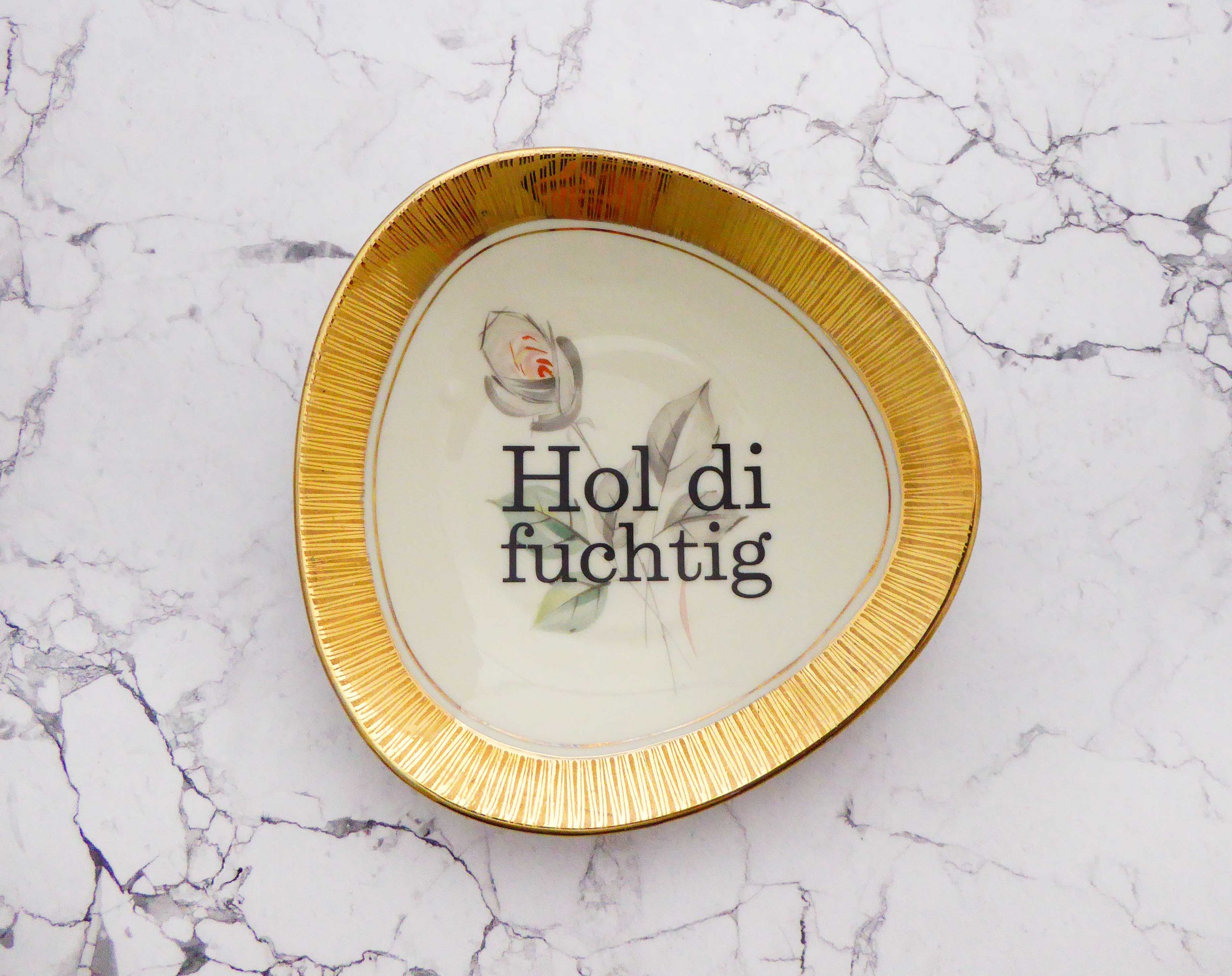 Wandteller Hol di fuchtig Typo Herr Fuchs 15cm Blumen Muster plattdeutsch Gold eckig – Bild 2