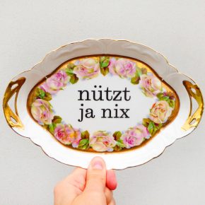 Wandteller Platte Herr Fuchs Typo nützt ja nix 21cm Blumen Unikat Gold