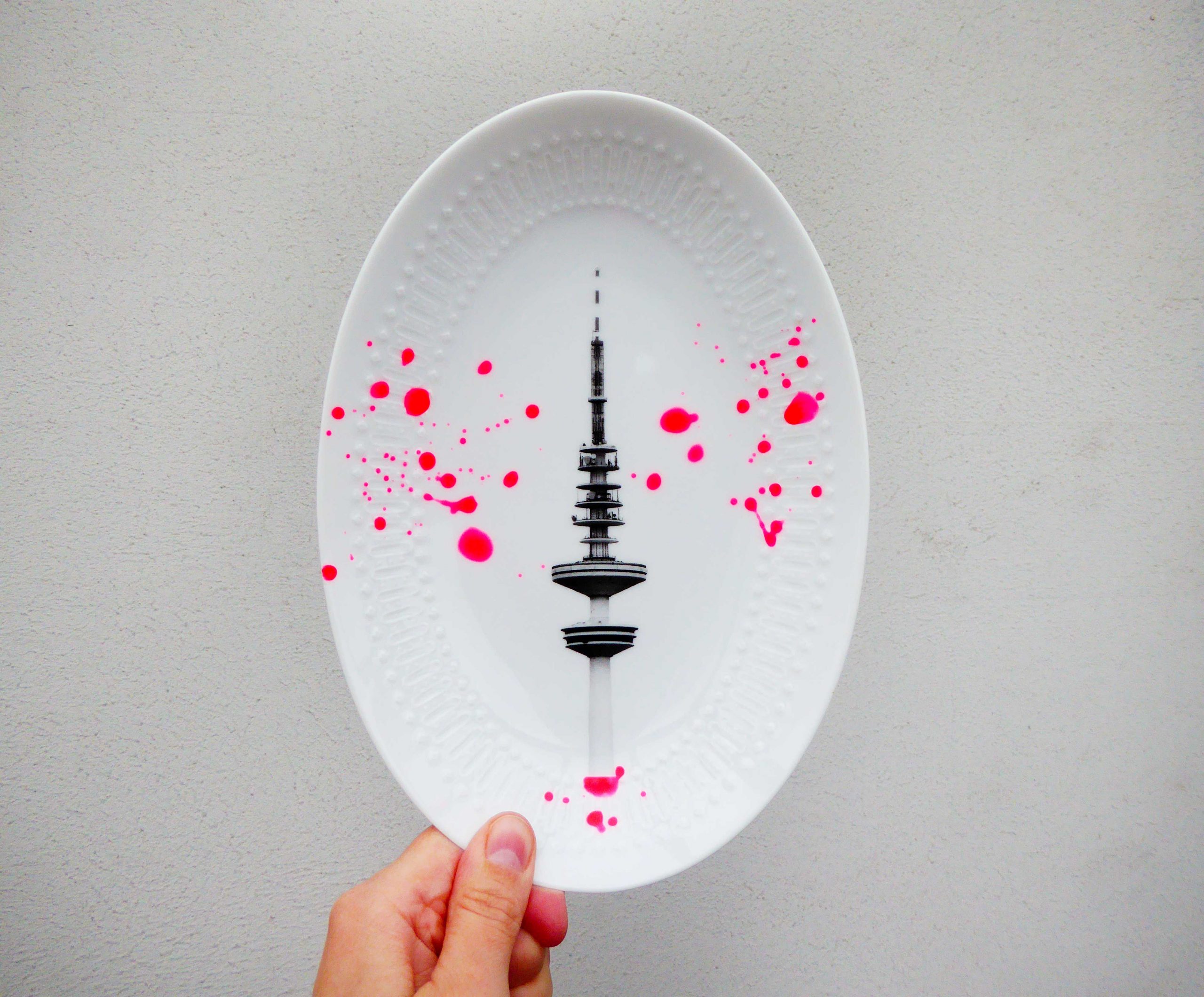 Wandteller Platte Herr Fuchs Hamburger Fernsehturm Neon Kleckse Punkte 23cm Muster #perfekt