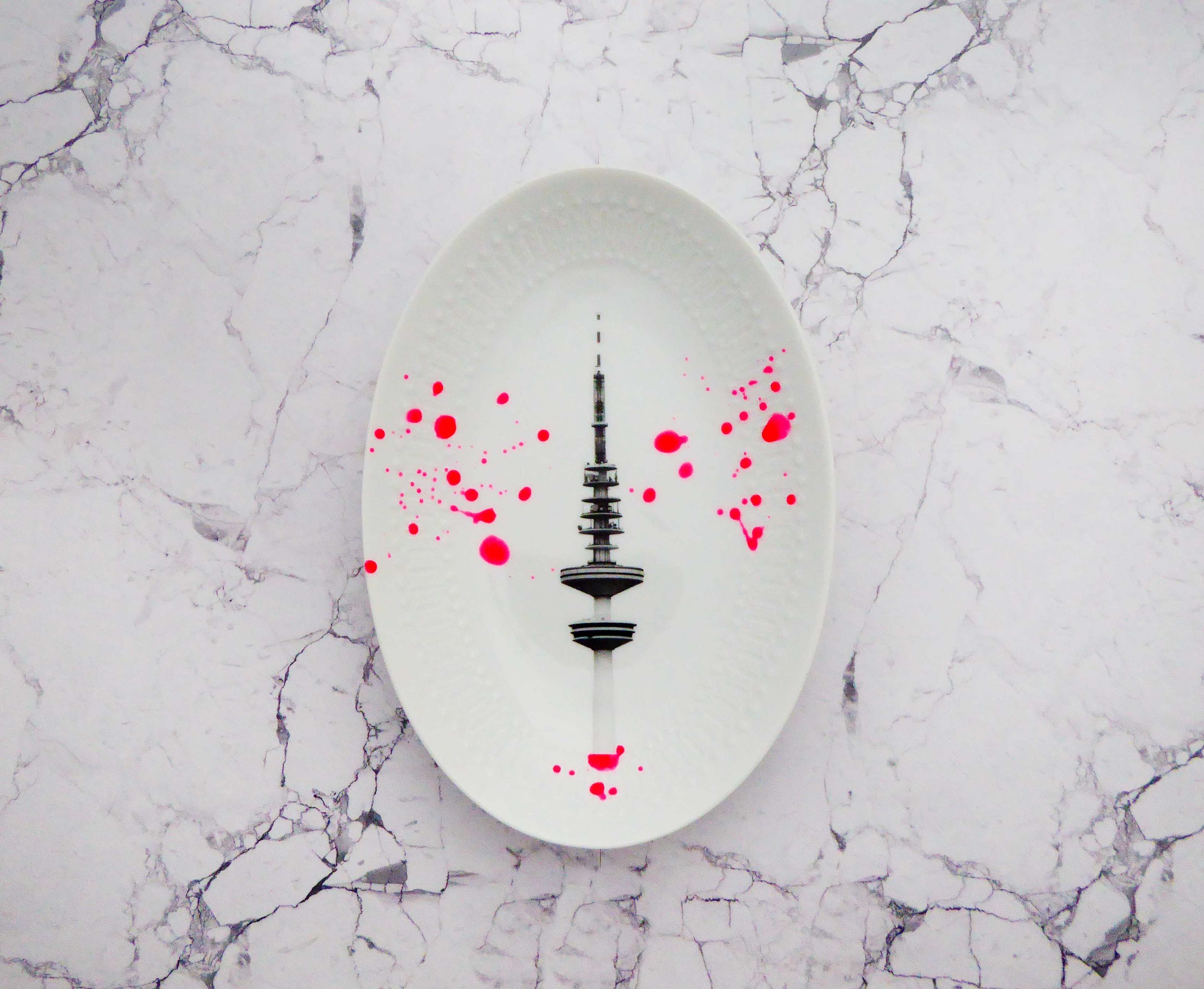 Wandteller Platte Herr Fuchs Hamburger Fernsehturm Neon Kleckse Punkte 23cm Muster #perfekt – Bild 3