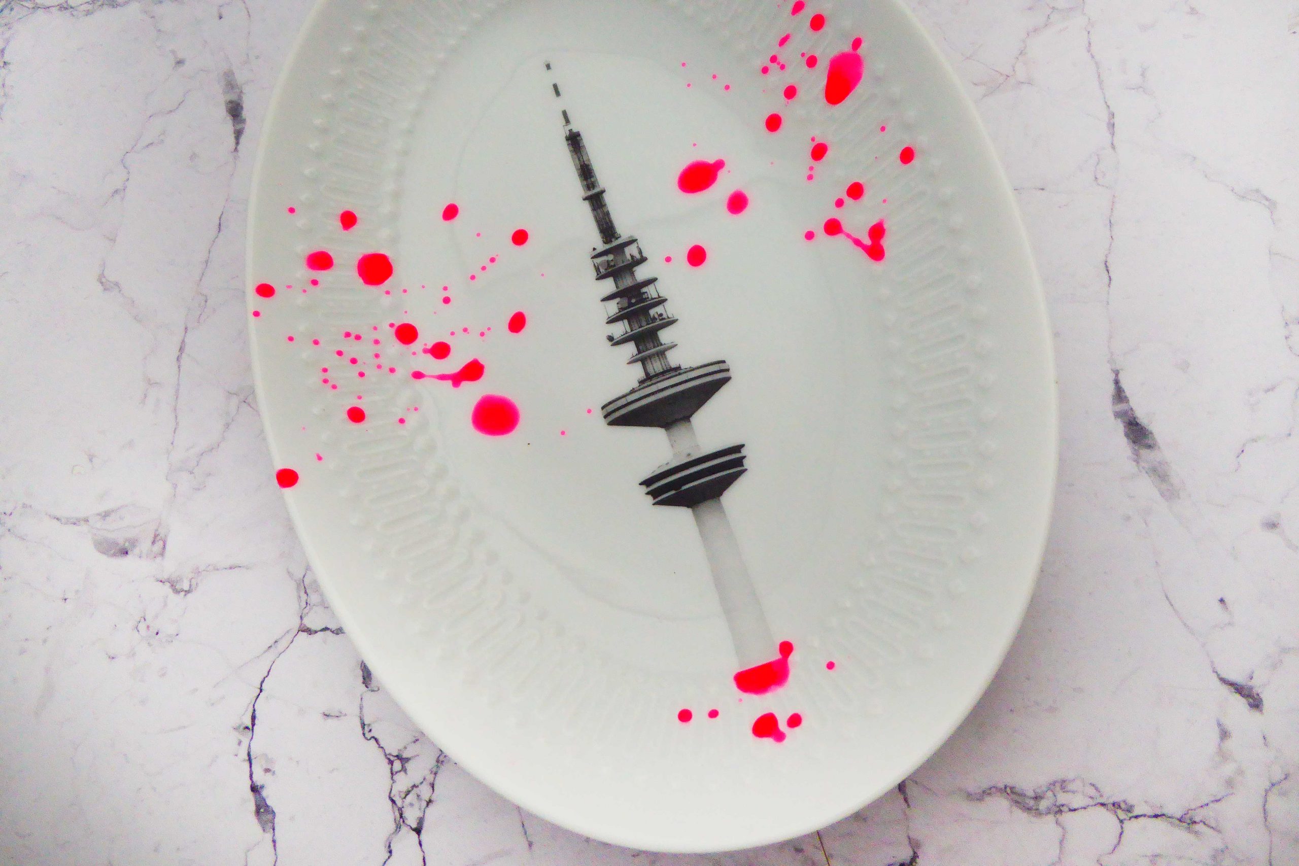 Wandteller Platte Herr Fuchs Hamburger Fernsehturm Neon Kleckse Punkte 23cm Muster #perfekt – Bild 2