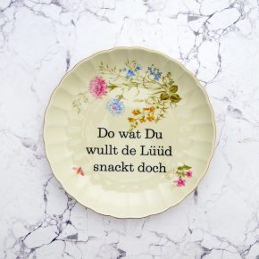 Wandteller Typo Do wat du wullt vintage Herr Fuchs Teller Gold Bunt 20cm Blumen plattdeutsch