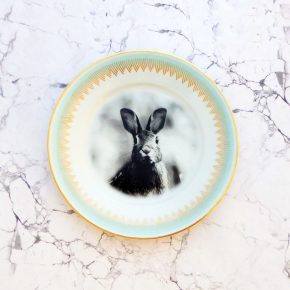 Wandteller Hase vintage Herr Fuchs Teller Wohnen 19cm Mint Gold Muster