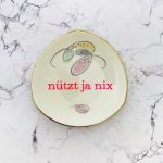 Wandteller Typo nützt ja nix vintage Herr Fuchs mini neonpink 10cm gold Muster bunt