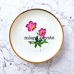 Wandteller Typo mien Leevste vintage Herr Fuchs Teller Gold Blumen 19cm Rosa vintage