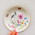 Wandteller Herr Fuchs Teller Vogel Schwalbe vintage Blumen 19cm Bunt Gold Wellen