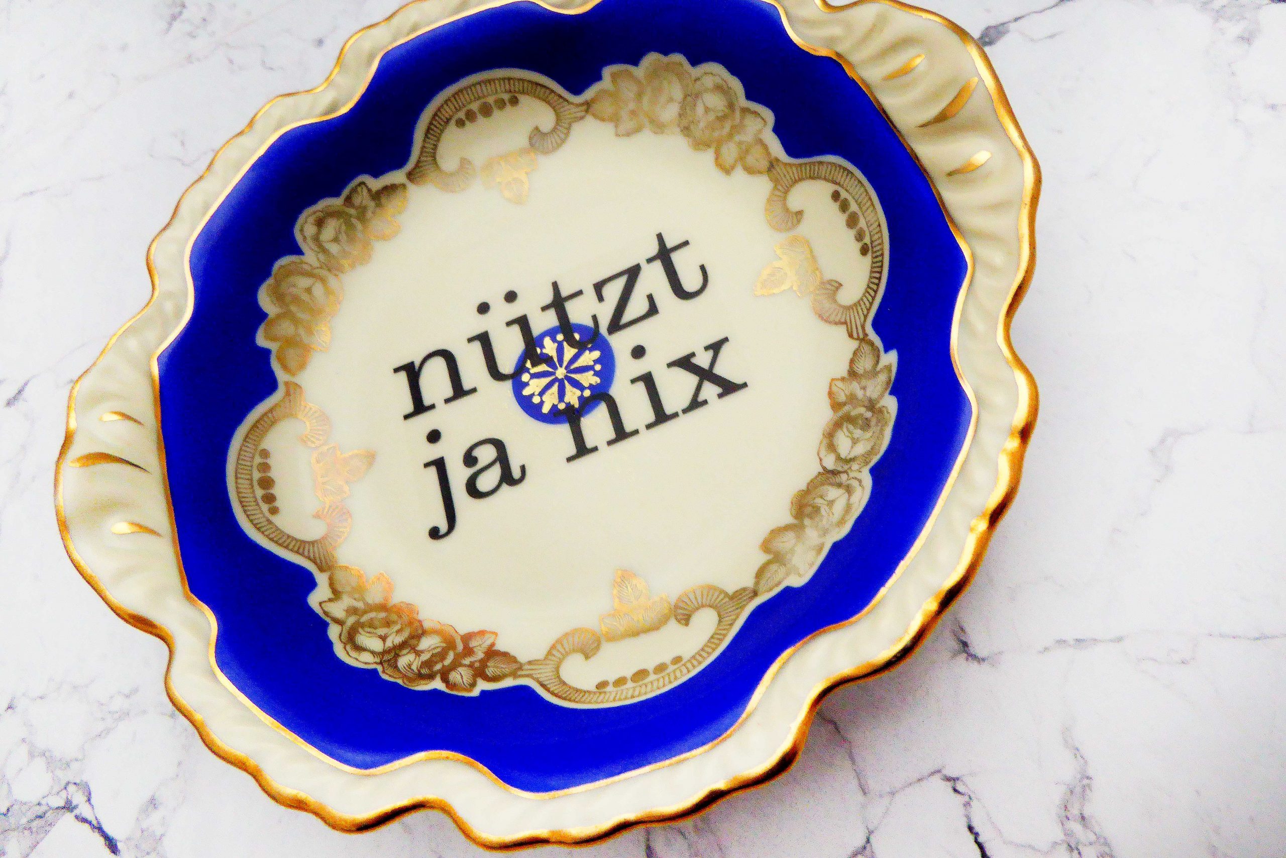 Wandteller Herr Fuchs Typo Nützt ja nix Wohnen Blau Gold Muster 17cm vintage – Bild 2