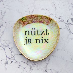 Wandteller Herr Fuchs Typo Nützt ja nix Wohnen Regenbogen Gold 18cm irisierend eckig