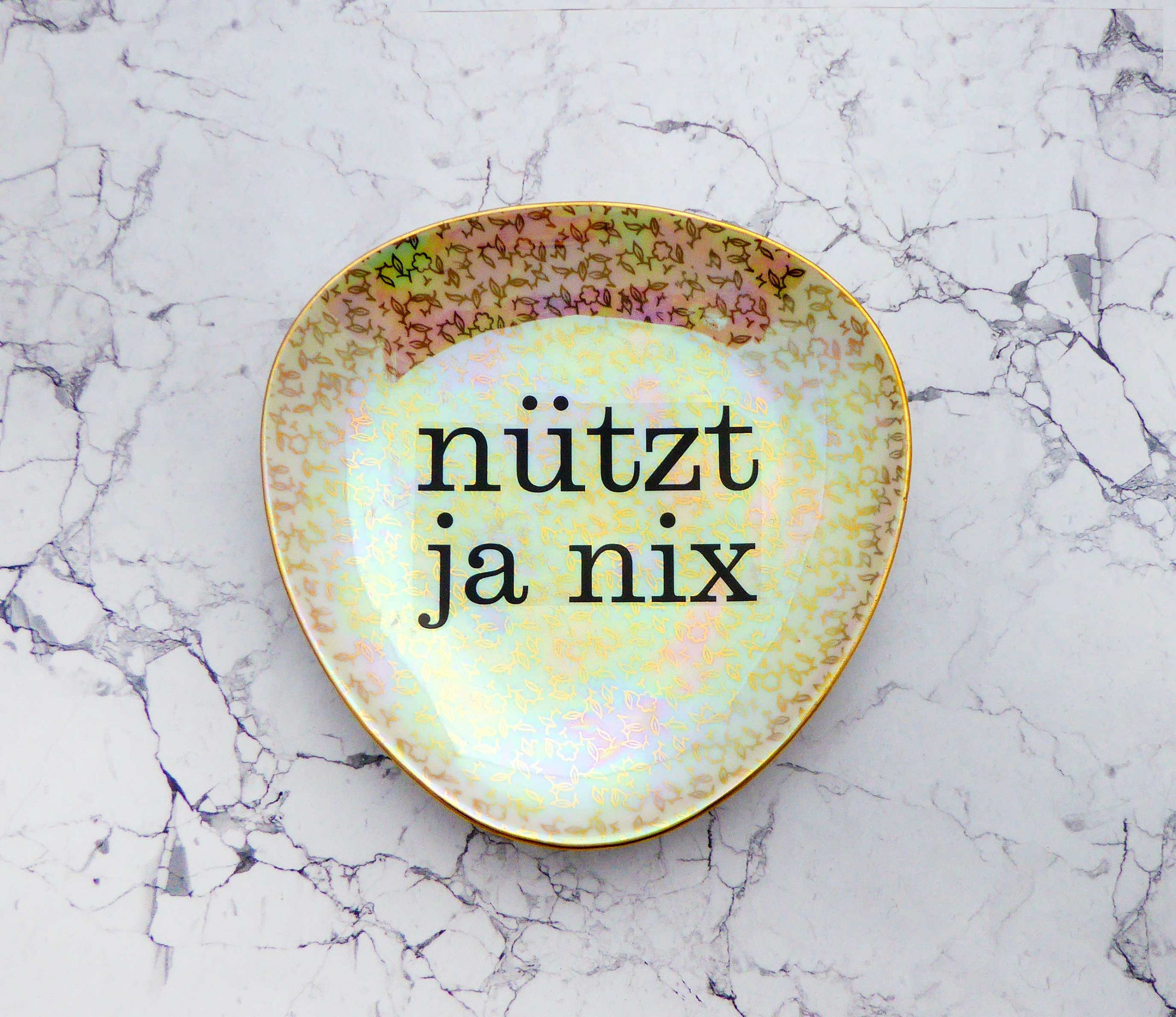 Wandteller Herr Fuchs Typo Nützt ja nix Wohnen Regenbogen Gold 18cm irisierend eckig