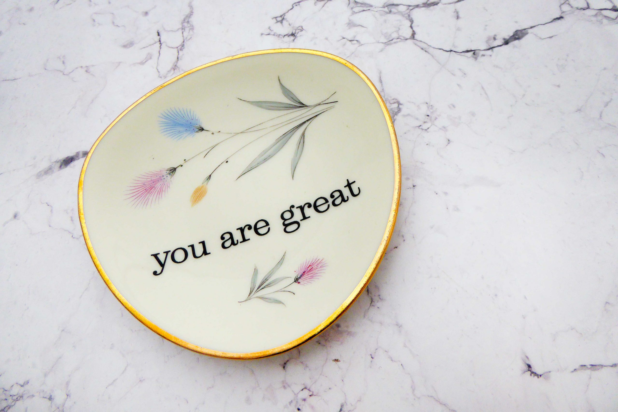 Wandteller you are great vintage Herr Fuchs Teller klein mini 11cm Blumen gold – Bild 2