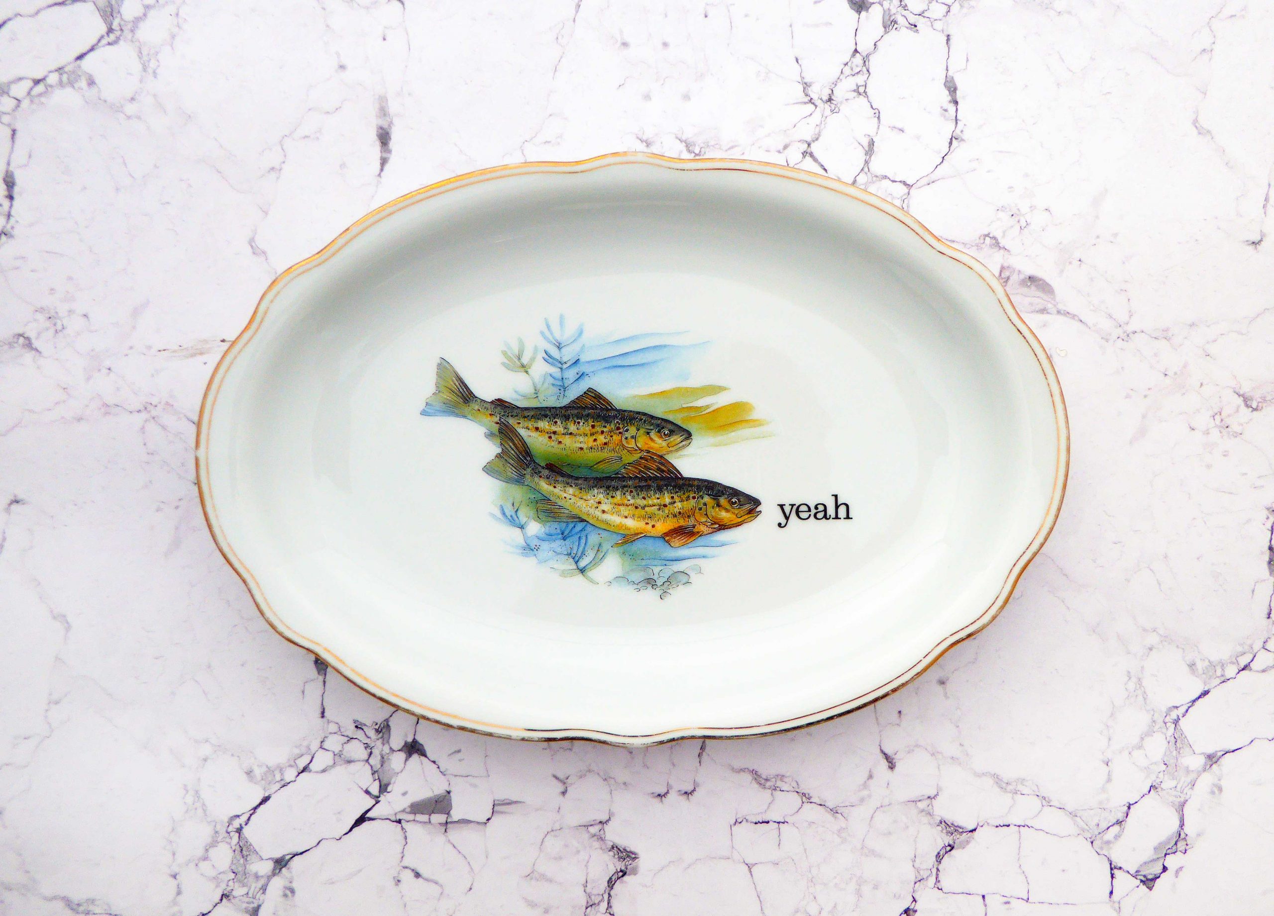 Wandplatte Herr Fuchs Typo yeah 25cm Fisch gold Wohnen Meer vintage Fische Bögen